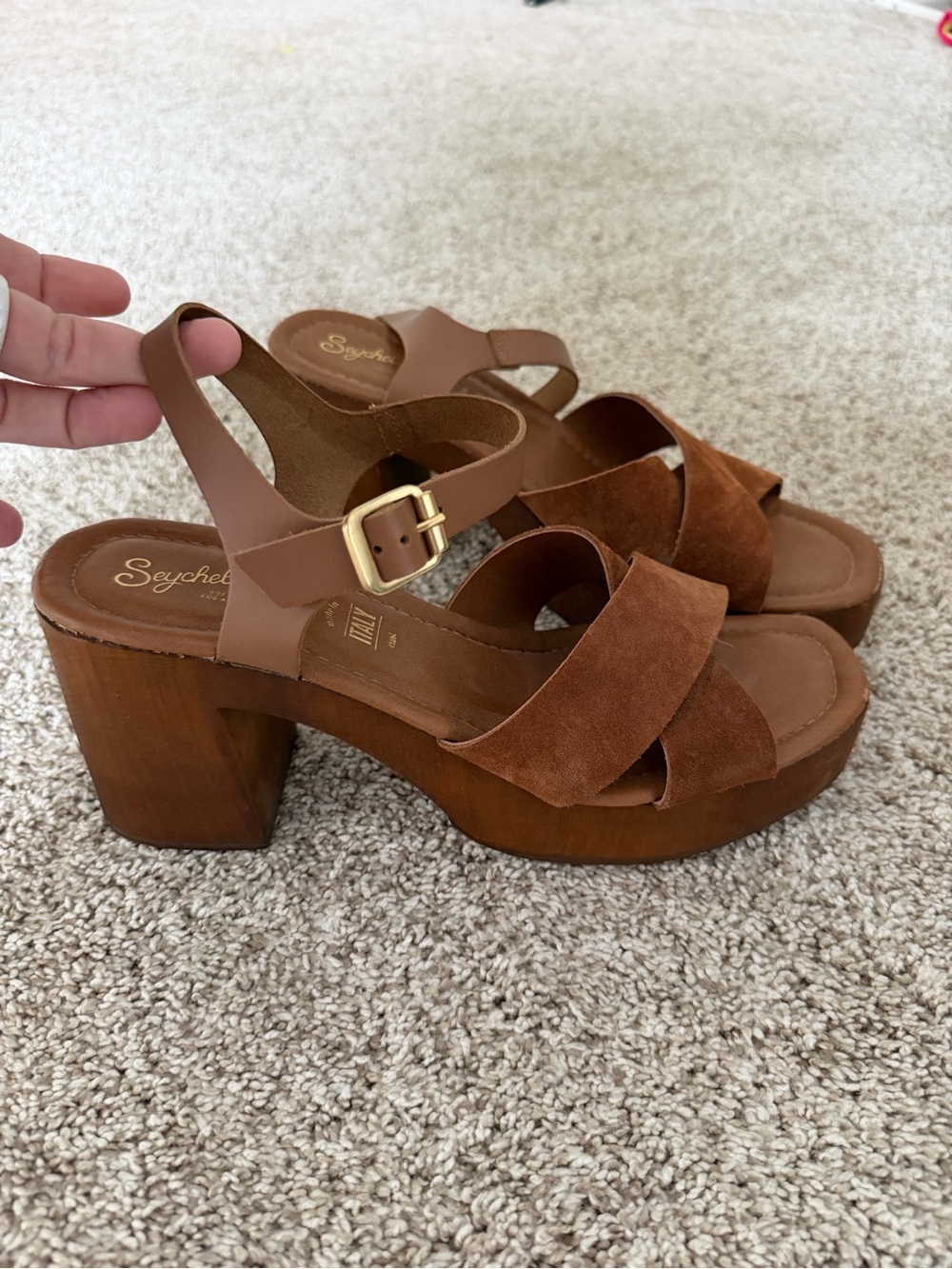Seychelles Cognac Suede Platform Sandals with Gold Buckle